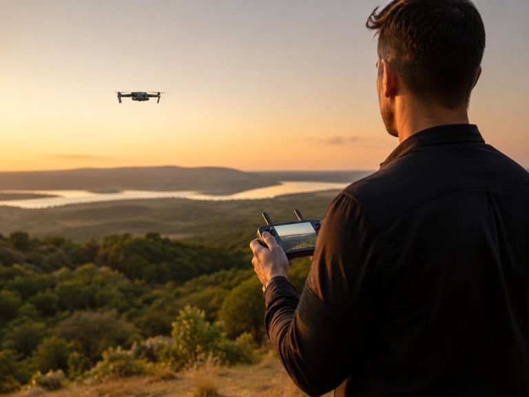 Drone pilot operating a remote control while overlooking a scenic valley and river at sunset