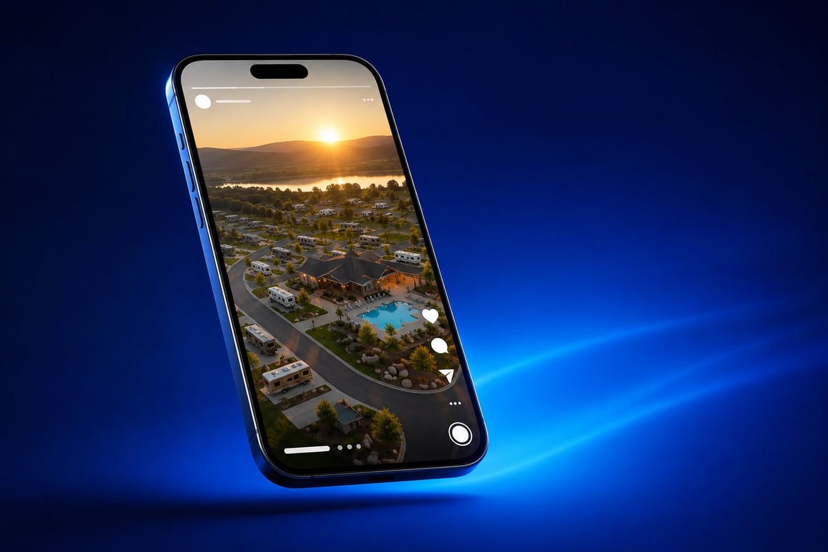 Smartphone displaying aerial sunset cityscape photo on screen against blue gradient background with glowing light effects