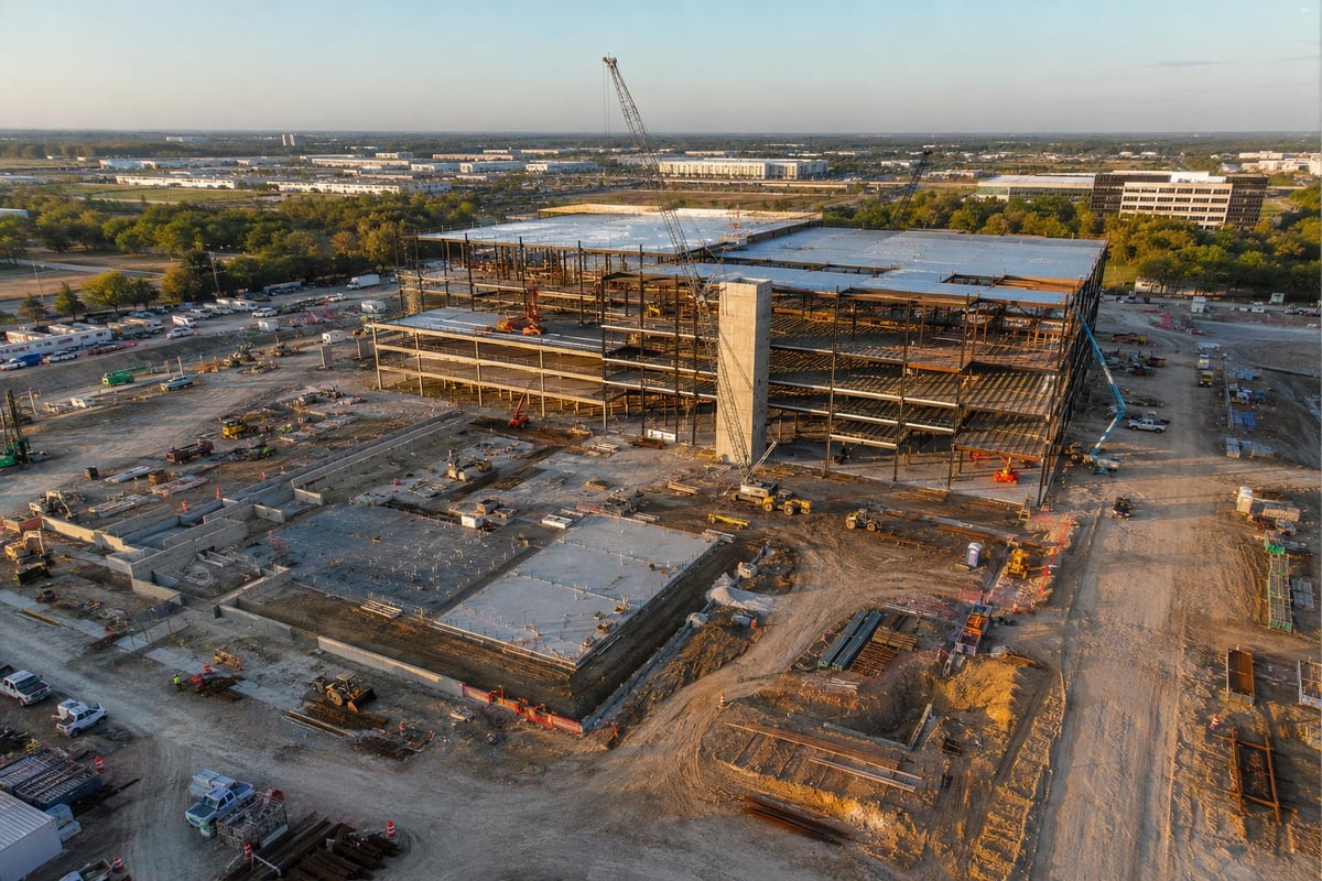 Aerial view of a large commercial construction site with partially built steel-framed building structure and crane, surrounded by industrial equipment and vehicles.